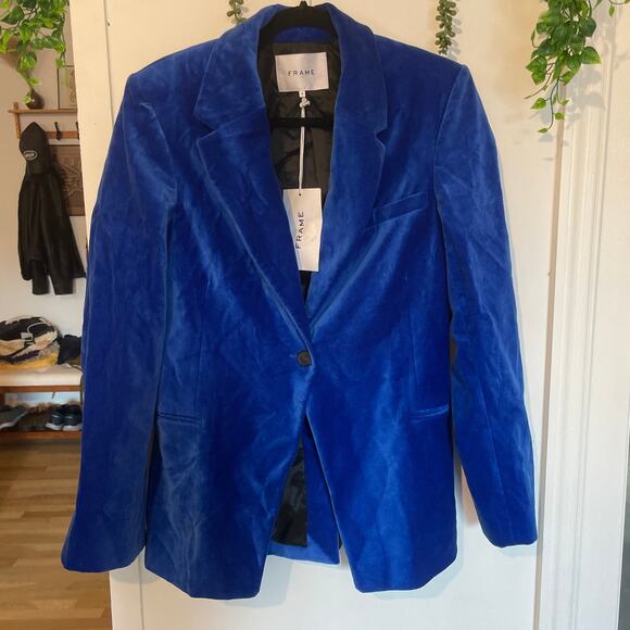 Frame Blue Velvet Single Button Blazer Women's Jacket Coat Business sz 4 - Picture 2 of 11